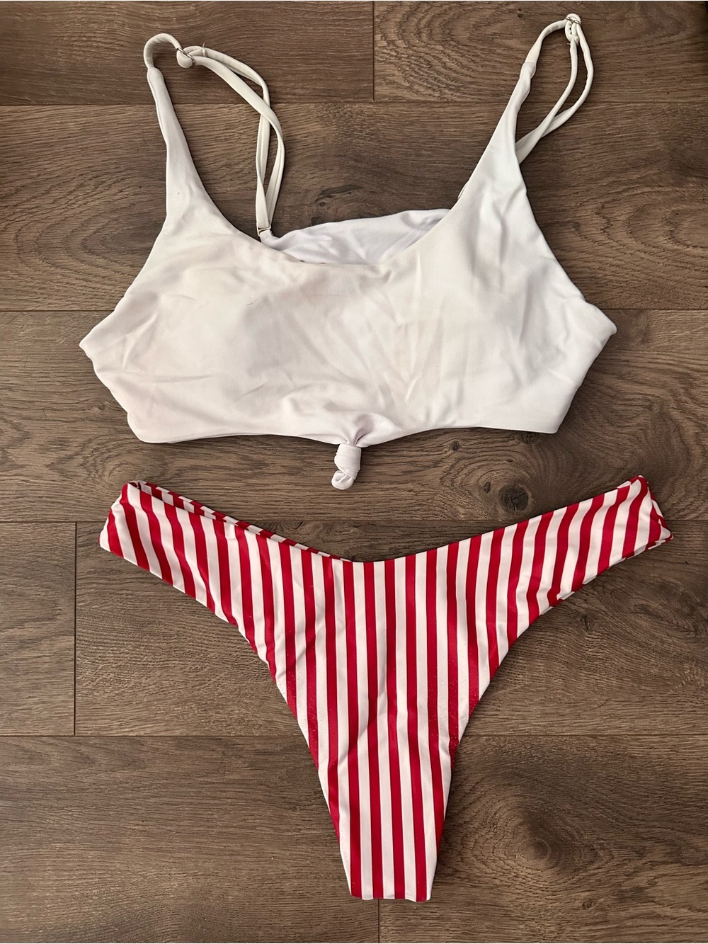 Zaful White Tie-Front Bikini Top & Red-White Striped Bottom